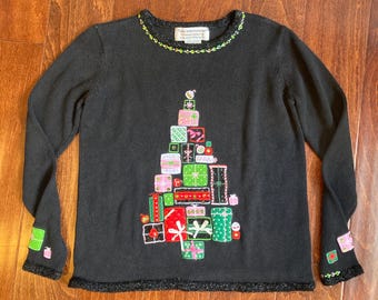 Vintage Tiara International Christmas Sweater Black Gift Box Tree Embellished Holiday Women’s Size Small