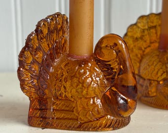 4 Vintage Amber Glass Turkey Taper Candle Holders – Thanksgiving Table Decor Williams Sonoma