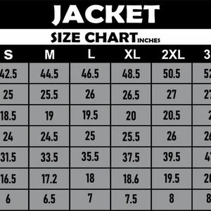 May include: A size chart for a jacket, with measurements in inches. The chart includes chest, back length, shoulder, sleeve, hip, bicep, and cuff measurements for sizes S through 5XL. The word "JACKET" is at the top.