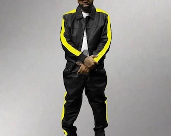 Handmade Men's Black Real Sheepskin Leather Tracksuit: Sweatsuit Set