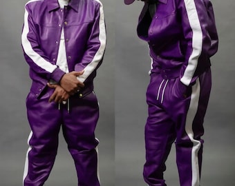 Handmade Men's Purple Sheepskin Leather Tracksuit: Jogging Set