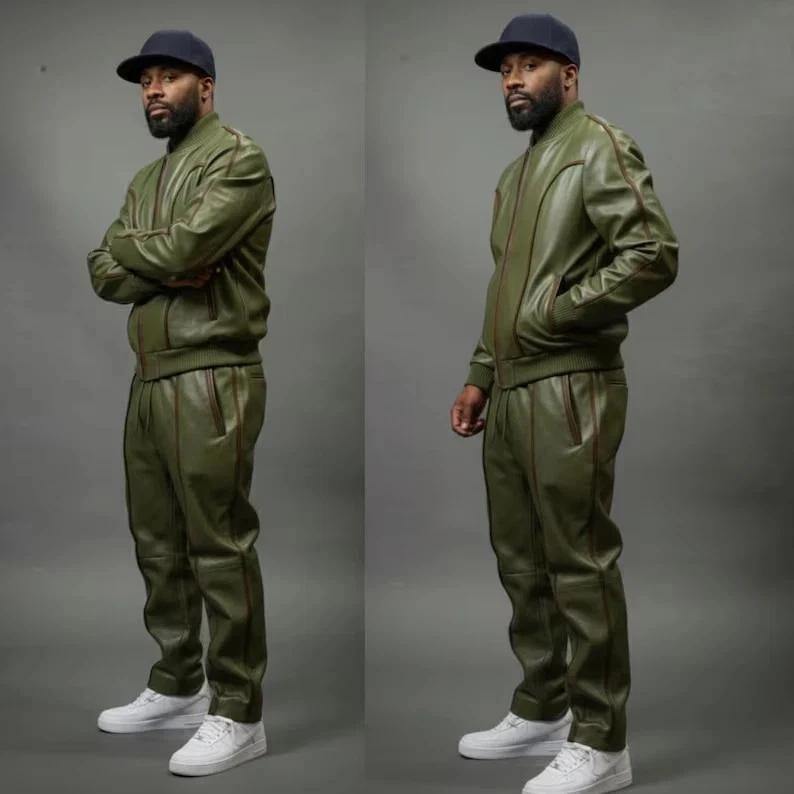 May include: Olive green leather bomber jacket and matching pants set. The jacket has a zip-up front and side pockets. The pants have a drawstring waist. The outfit is paired with a navy blue baseball cap and white sneakers.