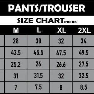 May include: A size chart for pants or trousers, with measurements in inches. The chart includes waist, hip, thigh, hem to length, and bottom measurements for sizes S through 5XL.
