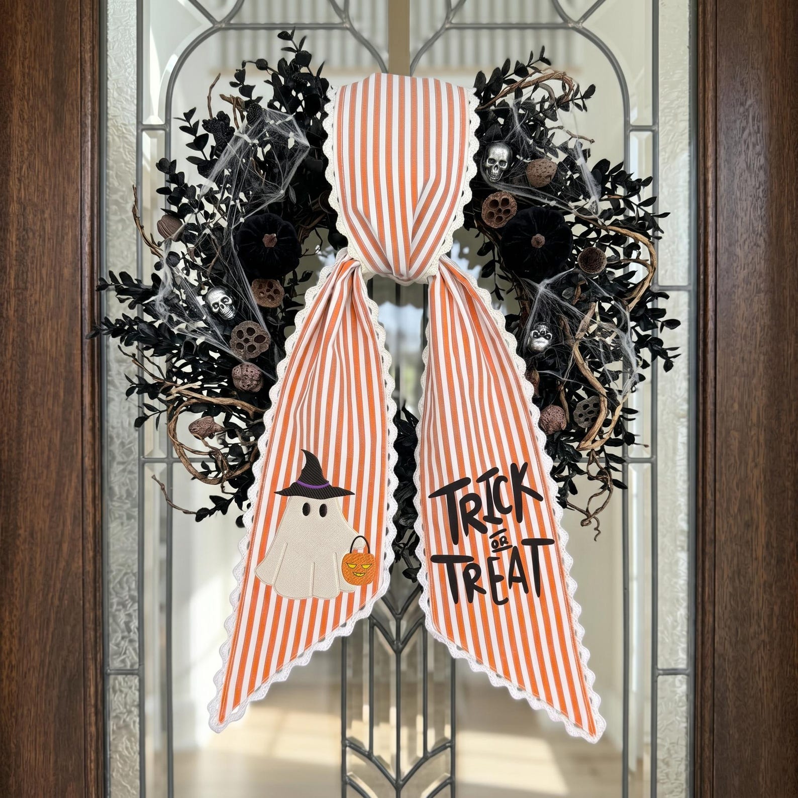 Embroidered Ghost Wreath Sash, Trick or Treat Striped Ribbon, Scalloped Lace Edge Halloween Door Sash, Festive Pumpkin Cottagecore Bow - Monogram+Design ,fav, Orange (fav)