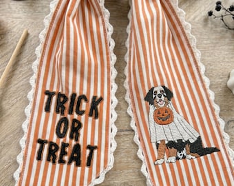 Embroidered Halloween Wreath Sash, Bernese Mountain Dog Ghost & Pumpkin, "Trick or Treat" Orange Striped Door Bow, Custom Fall Porch Decor