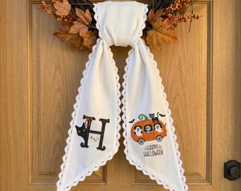 Embroidered Halloween Wreath Sash, Spooky Monogram Door Decor, Cute Pumpkin Carriage Ghost Bow, Cottagecore Halloween Front Door Hanger