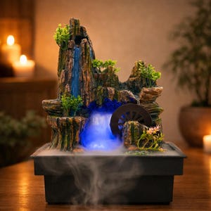 May include: A decorative tabletop water fountain featuring a miniature waterfall cascading down a rocky mountain. The fountain has a small water wheel, greenery, and a blue LED light. A mist rises from the base, creating a serene ambiance.