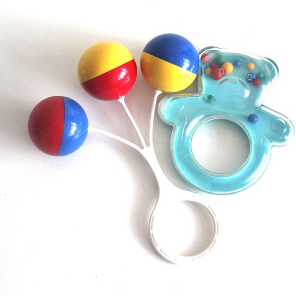 Vintage baby traditional 3 ball rattle and bear ring rattle toy gift 70s 1970s multicolored multicoloured
