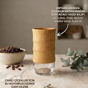 Handcrafted Pine Wood Vase with Fixed Glass for Live Flowers