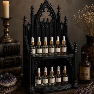 Gothic Cathedral Apothecary Shelf, Essential Oil Bottle Organizer, Dark Academia Vanity Display, 3D Printed Gothic Decor