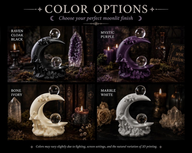 May include: A crescent moon sculpture featuring small stars and mushrooms at the base, topped with two clear glass spheres. The sculpture is available in four colors: Raven Cloak Black, Mystic Purple, Bone Ivory, and Marble White.