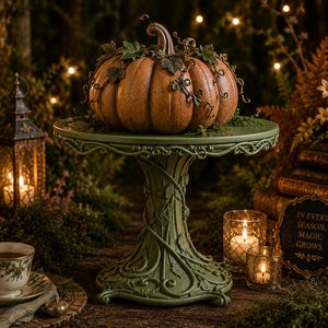 May include: A textured orange pumpkin adorned with green ivy vines sits atop a sage green pedestal cake stand featuring intricate vine and leaf relief carvings. The stand has a wide, ornate base and a circular top, providing a decorative display.