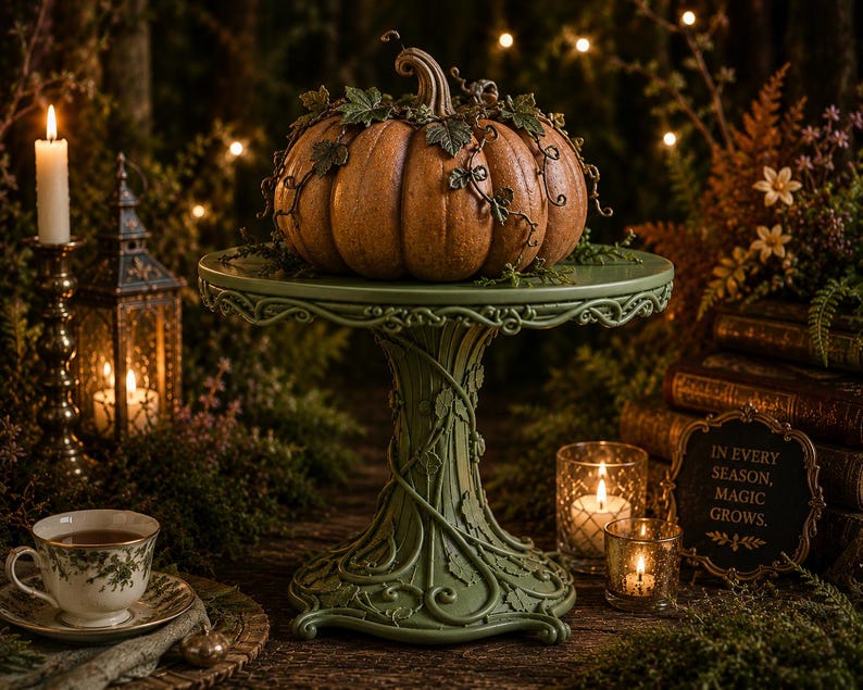 May include: A textured orange pumpkin adorned with green ivy vines sits atop a sage green pedestal cake stand featuring intricate vine and leaf relief carvings. The stand has a wide, ornate base and a circular top, providing a decorative display.