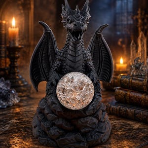 May include: A black dragon figurine with detailed scales and wings, perched atop a rocky base. The dragon holds a spherical, textured glass orb that emits a warm, glowing light from within, creating a bright focal point against its dark body.