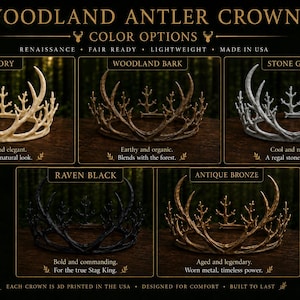 May include: Image showcasing five color options of a woodland antler crown: ivory, woodland bark, stone gray, raven black, and antique bronze. Each crown is 3D printed in the USA and designed for comfort.