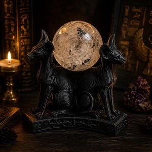 May include: A black sculpture featuring two seated hairless cats facing opposite directions, supporting a large, clear, spherical crystal ball between them on a decorative base with intricate carvings and a textured, dark finish.