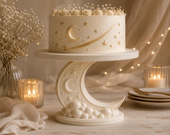 Celestial Moon Cake Stand | Moon & Stars Dessert Pedestal | Fantasy Wedding Cake Display | Gothic Tea Party Stand | 3D Printed Home Decor