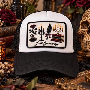 Just Go Away Trucker Hat, Gothic Bookish Patch Hat, Black White Mesh Snapback, Witchy Reader Hat, Introvert Gift