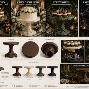May include: A round cake stand with a textured, vine-patterned pedestal base, available in woodland brown, candlelight ivory, forest green, and raven cloak black. It measures 8.8 inches in diameter and 5.9 inches in height, weighing 1.19 pounds.