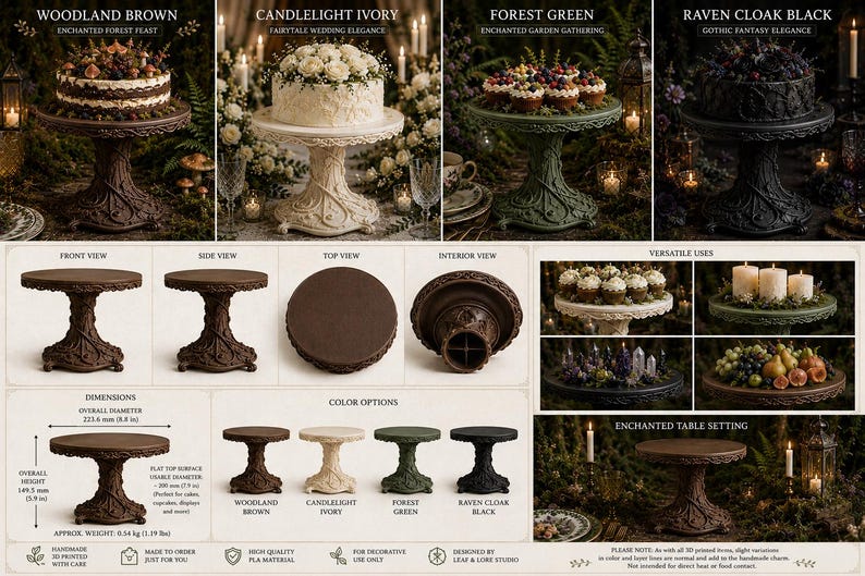 May include: A round cake stand with a textured, vine-patterned pedestal base, available in woodland brown, candlelight ivory, forest green, and raven cloak black. It measures 8.8 inches in diameter and 5.9 inches in height, weighing 1.19 pounds.
