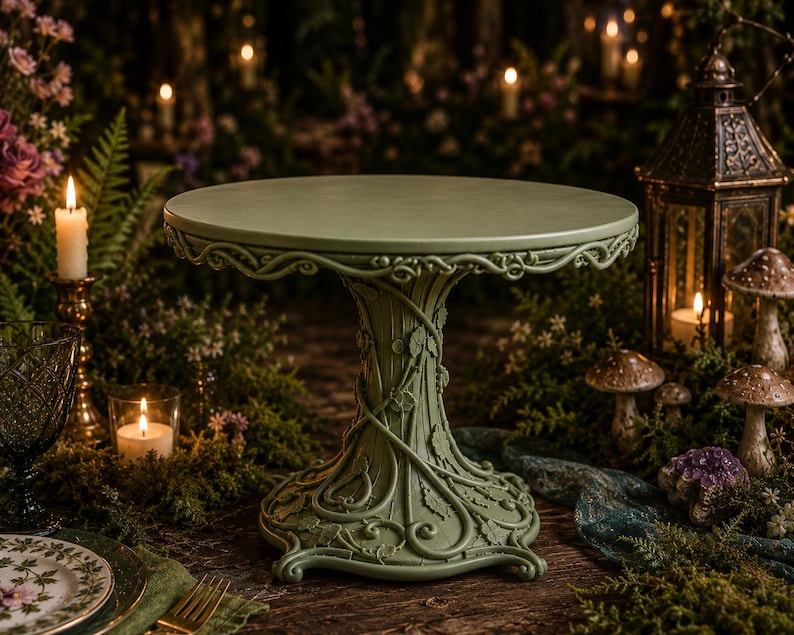 Enchanted Forest Cake Stand, Fantasy Wedding Cake Pedestal, Woodland Dessert Display, Fairy Party Decor, Cottagecore Table Centerpiece Forest Green