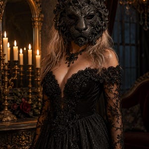 May include: A black lion mask with intricate scrollwork details paired with a black off-the-shoulder gown featuring long lace sleeves, a deep V-neckline, and heavy beadwork embellishments. A black beaded necklace rests at the base of the neck.