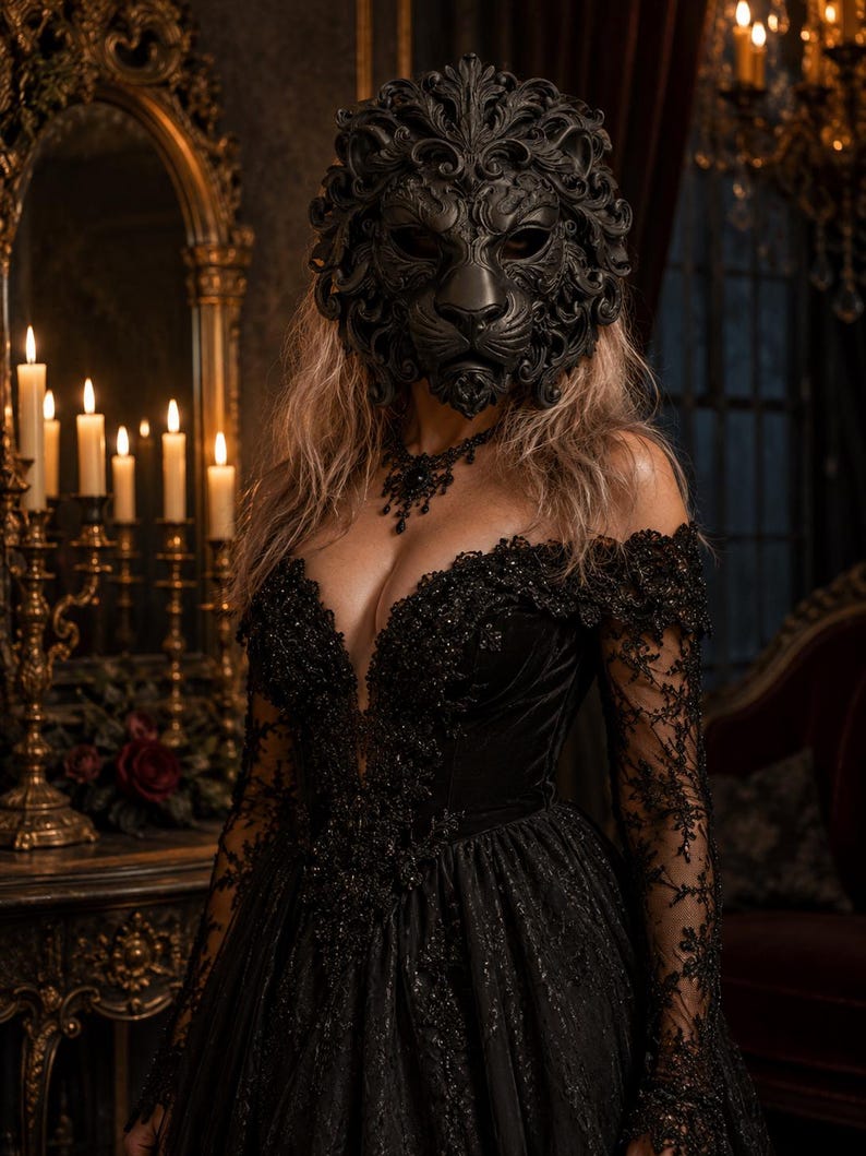 May include: A black lion mask with intricate scrollwork details paired with a black off-the-shoulder gown featuring long lace sleeves, a deep V-neckline, and heavy beadwork embellishments. A black beaded necklace rests at the base of the neck.