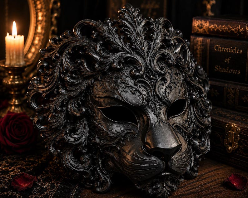 Black Lion Masquerade Mask, Gothic Lion Mask, 3D Printed Fantasy Mask, Renaissance Faire Photo Prop, DIY Costume Mask Base image 5