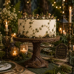May include: A round white cake decorated with green vines, small white flowers, and brown mushroom figures on top, resting on a brown pedestal stand with a tree-like base. The cake features a smooth frosting finish and intricate vine piping.