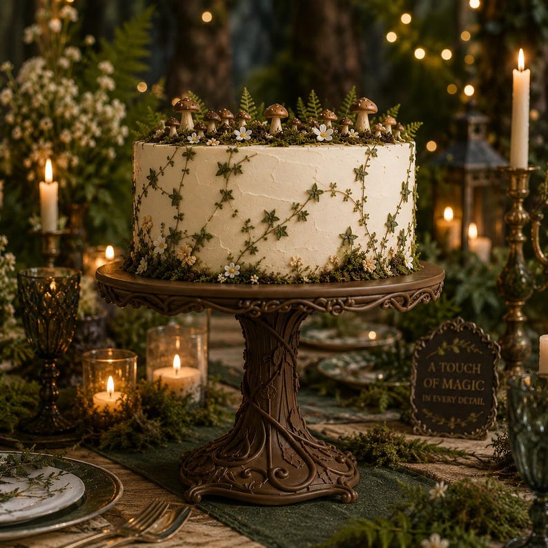 May include: A round white cake decorated with green vines, small white flowers, and brown mushroom figures on top, resting on a brown pedestal stand with a tree-like base. The cake features a smooth frosting finish and intricate vine piping.