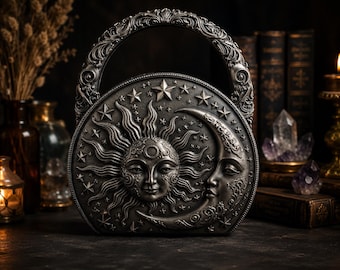 Bolso de mano con estampado celestial impreso en 3D, bolso gótico con asa superior de sol y luna, bolso de fantasía de bruja, bolso hecho a mano con fases lunares.