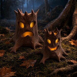 May include: Two brown tree stump lanterns with jagged tops and glowing yellow light emanating from carved eyes and mouths. The larger stump features a wide, downturned mouth, while the smaller stump displays a jagged, toothy grin.