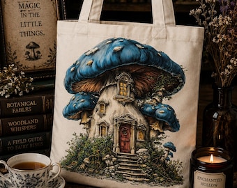 Blue Mushroom Cottage Tote Bag, Curious & Chaotic Collection, Whimsical Fantasy Canvas Tote, Bookish Market Bag