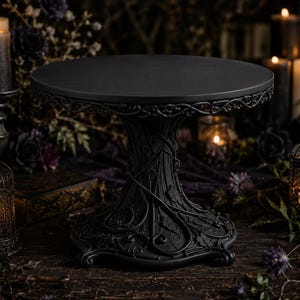 May include: A matte black cake stand featuring a circular top and a pedestal base adorned with intricate, raised vine and leaf relief patterns. The structure is uniform in color, showcasing a detailed, textured design throughout the base.