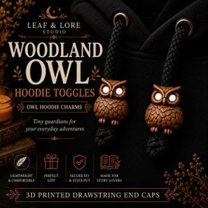 May include: Two brown owl-shaped drawstring toggles attached to black hoodie cords. The text reads LEAF & LORE STUDIO WOODLAND OWL HOODIE TOGGLES, OWL HOODIE CHARMS, Tiny guardians for your everyday adventures, and 3D PRINTED DRAWSTRING END CAPS.