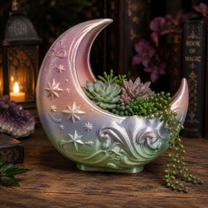May include: A crescent moon-shaped planter featuring a gradient pastel finish from pink to green. The exterior is decorated with embossed stars and swirling scrollwork. It contains a variety of small green and purple succulent plants.