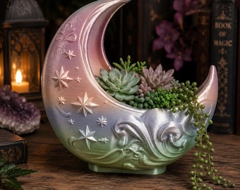 Crescent Moon Planter, Celestial Faux Plant Holder, Witchy Succulent Pot, Moon Decor, Crystal Holder, 3D Printed Home Decor