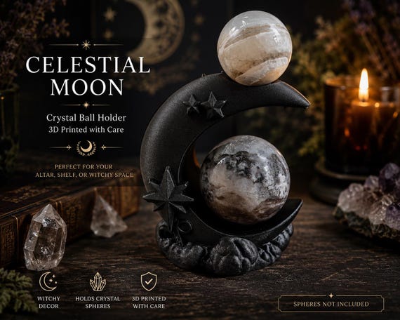 Crescent Moon Crystal Ball Stand, Witchy Orb Holder, Gothic Moon Shelf Decor, 3D Printed Crystal Sphere Display, Altar Decor