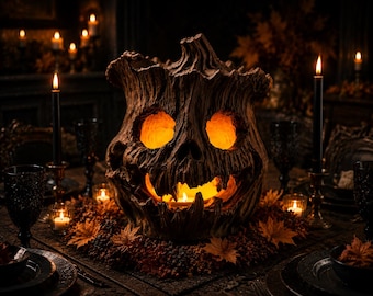 May include: A carved wooden pumpkin lantern with a dark, textured bark-like finish and a glowing orange interior. The jack-o'-lantern features deep-set eye sockets and a jagged, open mouth, surrounded by scattered autumn leaves and black candles.