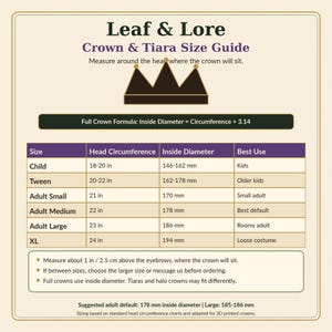 May include: A Leaf & Lore Crown & Tiara Size Guide with a brown crown graphic. The chart lists sizes from Child to XL, with head circumference in inches and inside diameter in millimeters. It includes best use suggestions and measuring instructions.