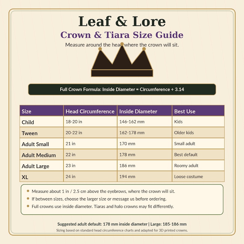 May include: A Leaf & Lore Crown & Tiara Size Guide with a brown crown graphic. The chart lists sizes from Child to XL, with head circumference in inches and inside diameter in millimeters. It includes best use suggestions and measuring instructions.
