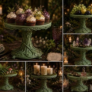 May include: A sage green pedestal cake stand featuring an intricate, raised vine and leaf relief pattern on the base and rim. The stand is shown in multiple settings, displaying cupcakes, fruit, crystals, candles, and small decorative items.