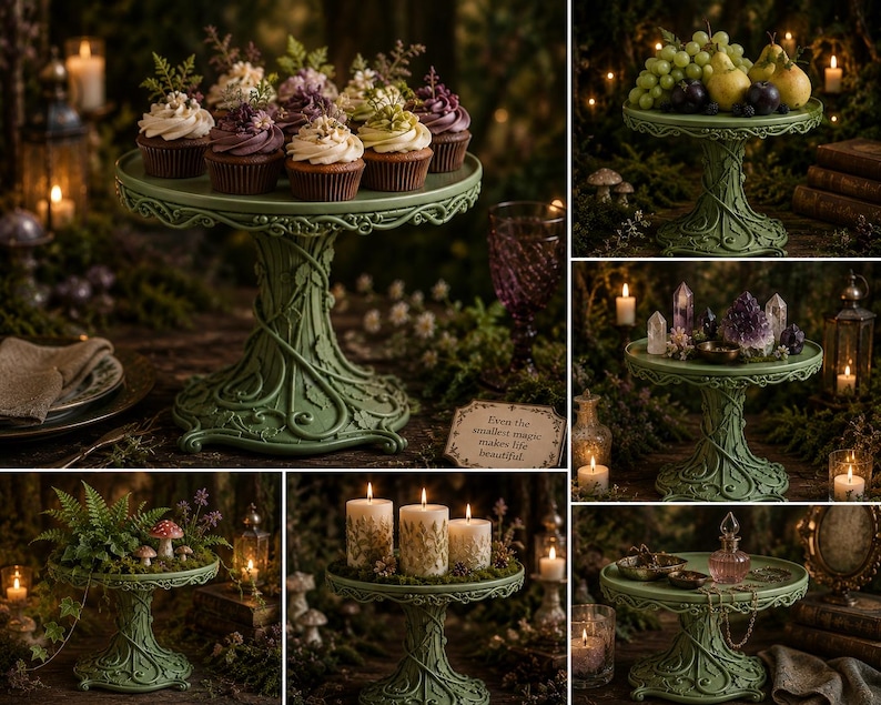 May include: A sage green pedestal cake stand featuring an intricate, raised vine and leaf relief pattern on the base and rim. The stand is shown in multiple settings, displaying cupcakes, fruit, crystals, candles, and small decorative items.