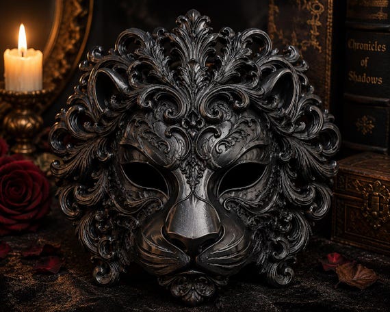 Black Lion Masquerade Mask, Gothic Lion Mask, 3D Printed Fantasy Mask, Renaissance Faire Photo Prop, DIY Costume Mask Base