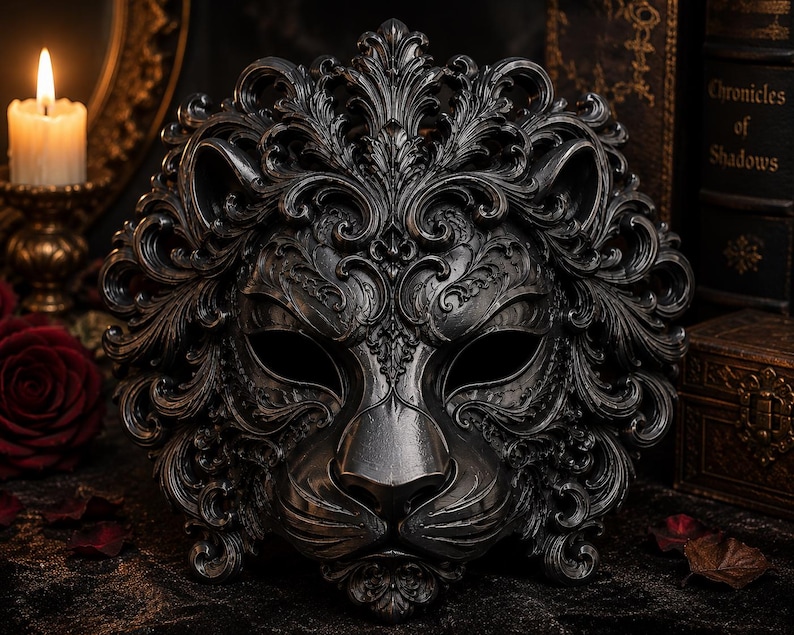 May include: A dark charcoal gray lion mask featuring intricate, raised scrollwork and filigree detailing across the mane and facial features. The mask has almond-shaped eye openings and a sculpted nose, with a matte finish and deep shadows.