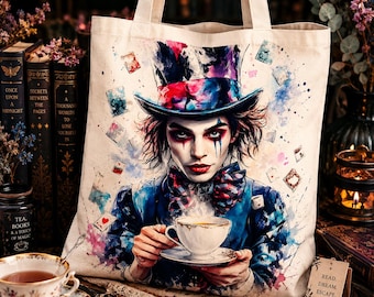 Tea and Chaos Tote Bag, Whimsical Tea Party Canvas Tote, Fantasy Bookish Bag, Gothic Tea Lover Gift