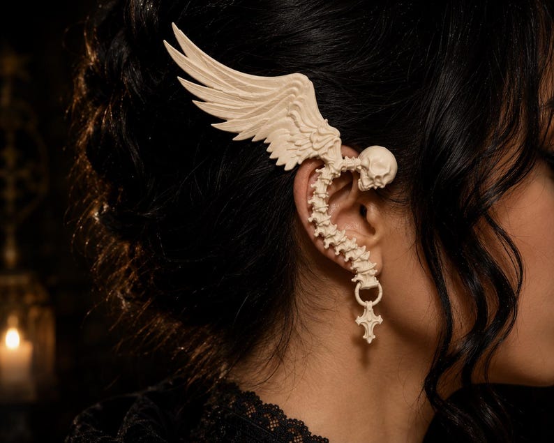 3D Printed Winged Skeleton Ear Cuff | Gothic Fantasy Ear Wrap, No ...