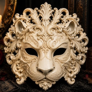 May include: A cream-colored lion mask featuring intricate, ornate scrollwork and acanthus leaf detailing throughout the mane. The mask has two large, almond-shaped eye openings, a sculpted nose, and a textured surface finish with deep relief.