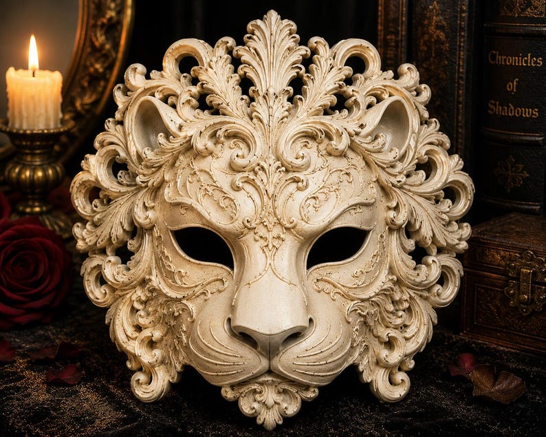 May include: A cream-colored lion mask featuring intricate, ornate scrollwork and acanthus leaf detailing throughout the mane. The mask has two large, almond-shaped eye openings, a sculpted nose, and a textured surface finish with deep relief.