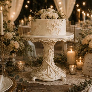 May include: A white cake stand with an ornate, sculpted vine and leaf pattern on the pedestal and base. The stand supports a round, white-frosted cake topped with white roses and greenery, set amidst a table with candles and floral arrangements.